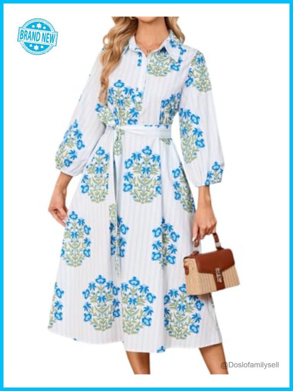 Floral Stripe 3/4 Puff Sleeve Button Down A-Line Midi Shirt Dress Pockets